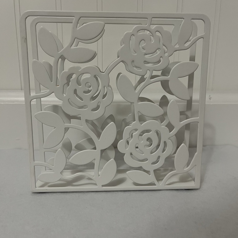 IKEA Napkin Holder White Rose Cut Out Metal 6"x6"x1.5" White Boho Retro Cottage